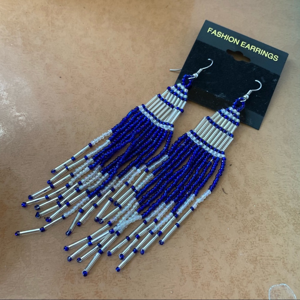 Blue Beaded Fringe Earrings